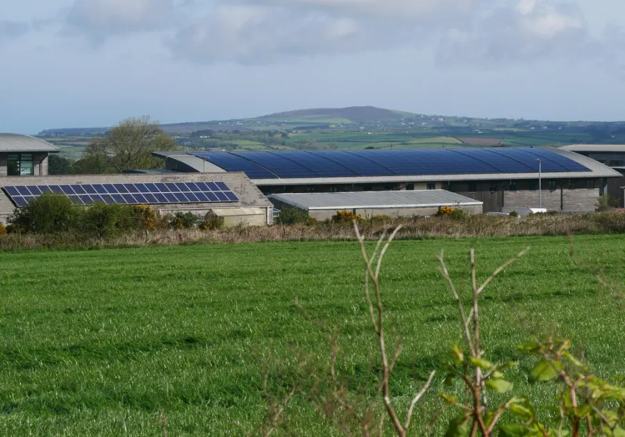 Solar panels across commercial rooftops